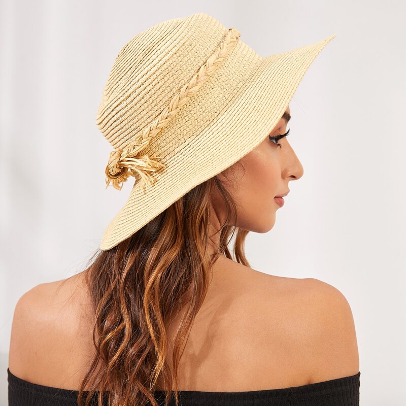 

Braided Rope Decor Straw Hat, Beige