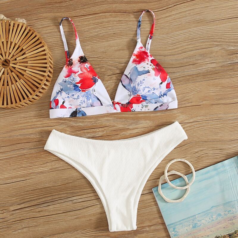 

Floral Triangle High Leg Bikini Swimsuit, Multicolor