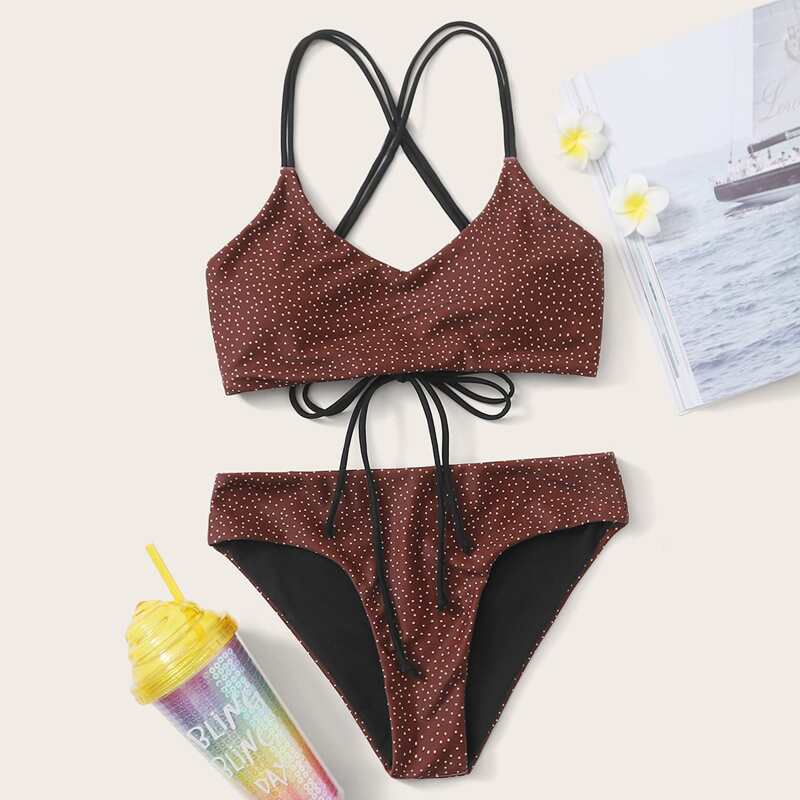 

Polka Dot Crisscross Bikini Swimsuit, Brown