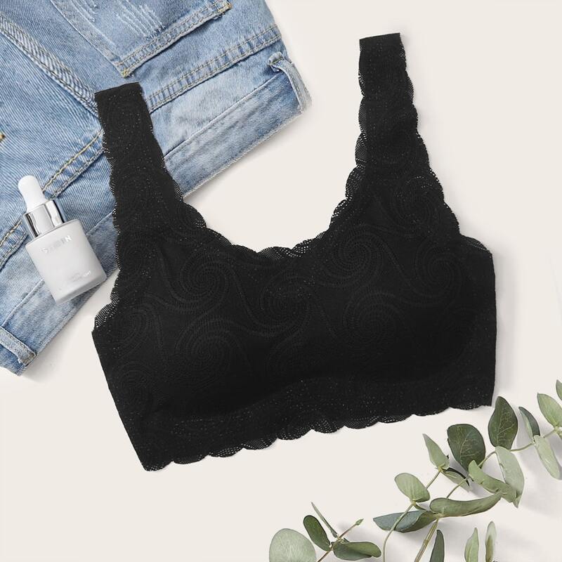 

Floral Lace Scallop Trim Bra, Black