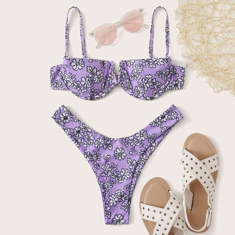 

Floral V Wired High Leg Bikini Swimsuit, Purple