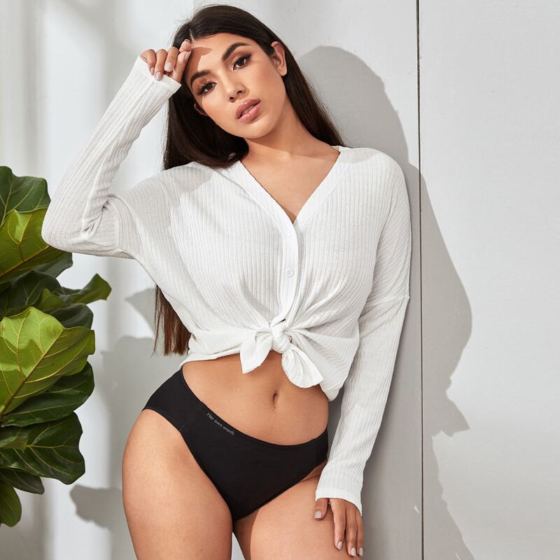 

Rib-knit Button Through Top, White