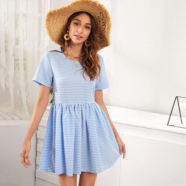 

Gingham Short Sleeve Mini Babydoll Dress, Blue