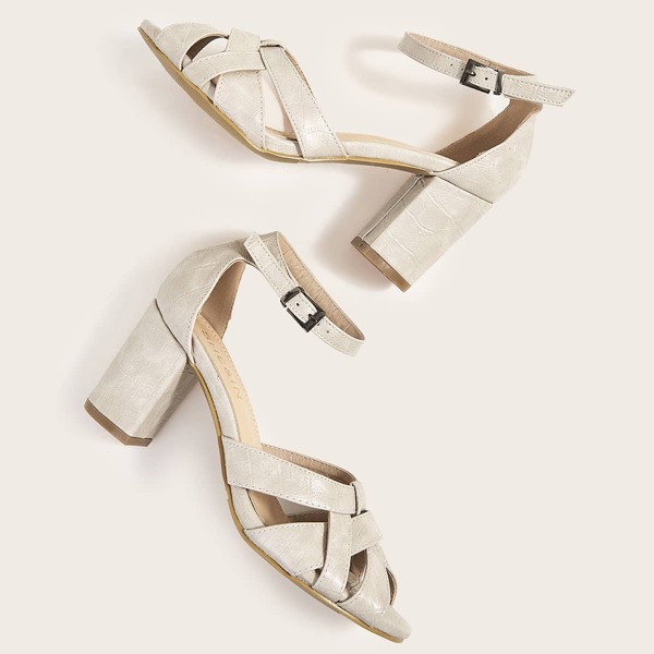 

Peep Toe Cross Strap Ankle Strap Chunky Heels, White
