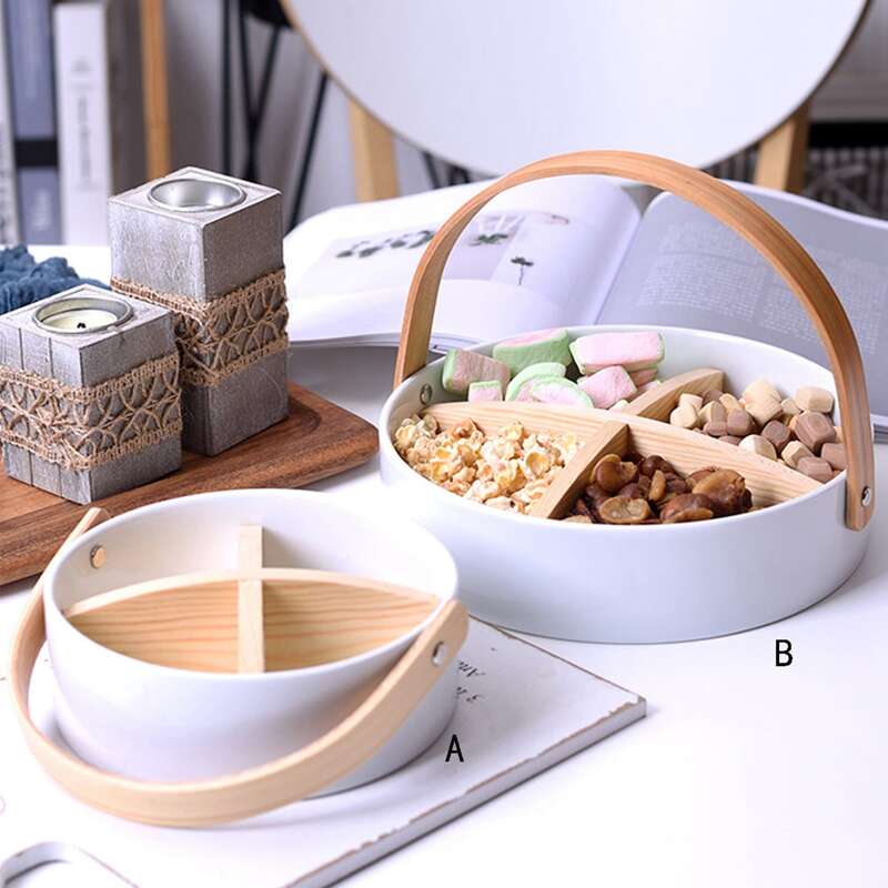 

1pc Wooden Handle Ceramic Dish, White