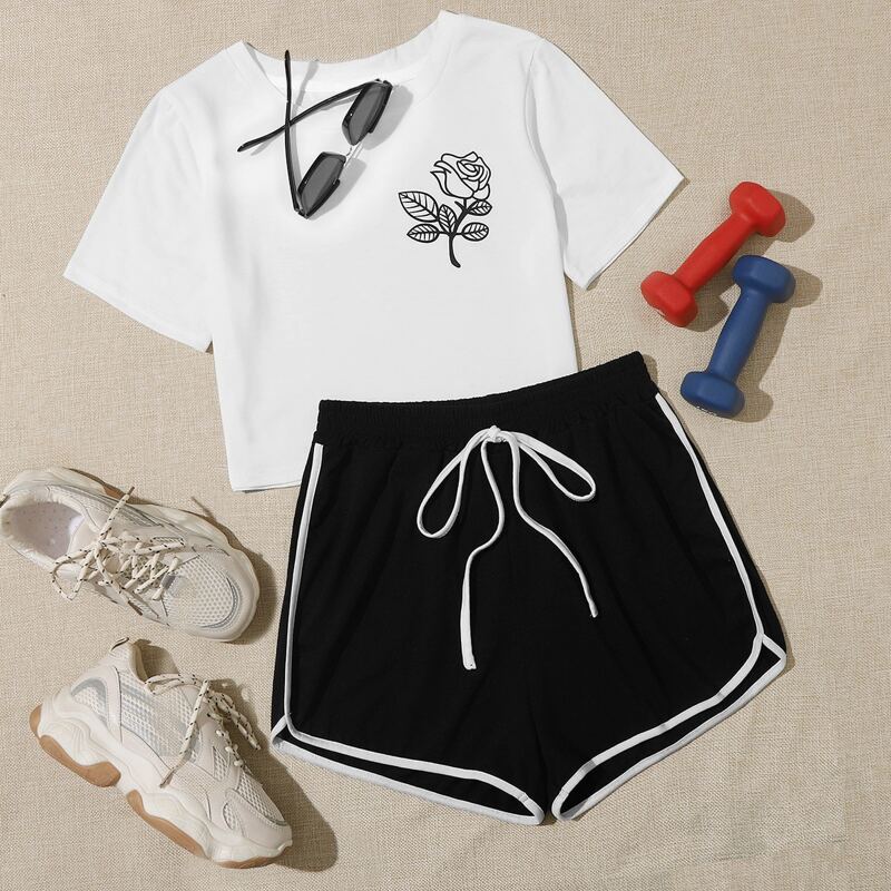 

Rose Graphic Tee & Dolphin Shorts, Black and white