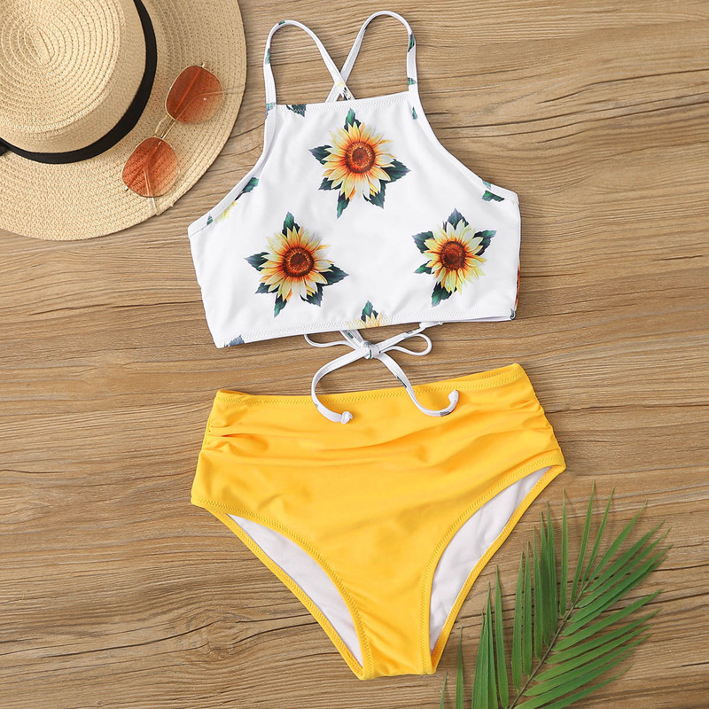 

Sunflower Ruched High Waist Bikini Swimsuit, Multicolor