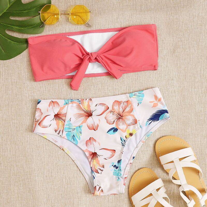 

Floral Bandeau High Waist Bikini Swimsuit, Multicolor