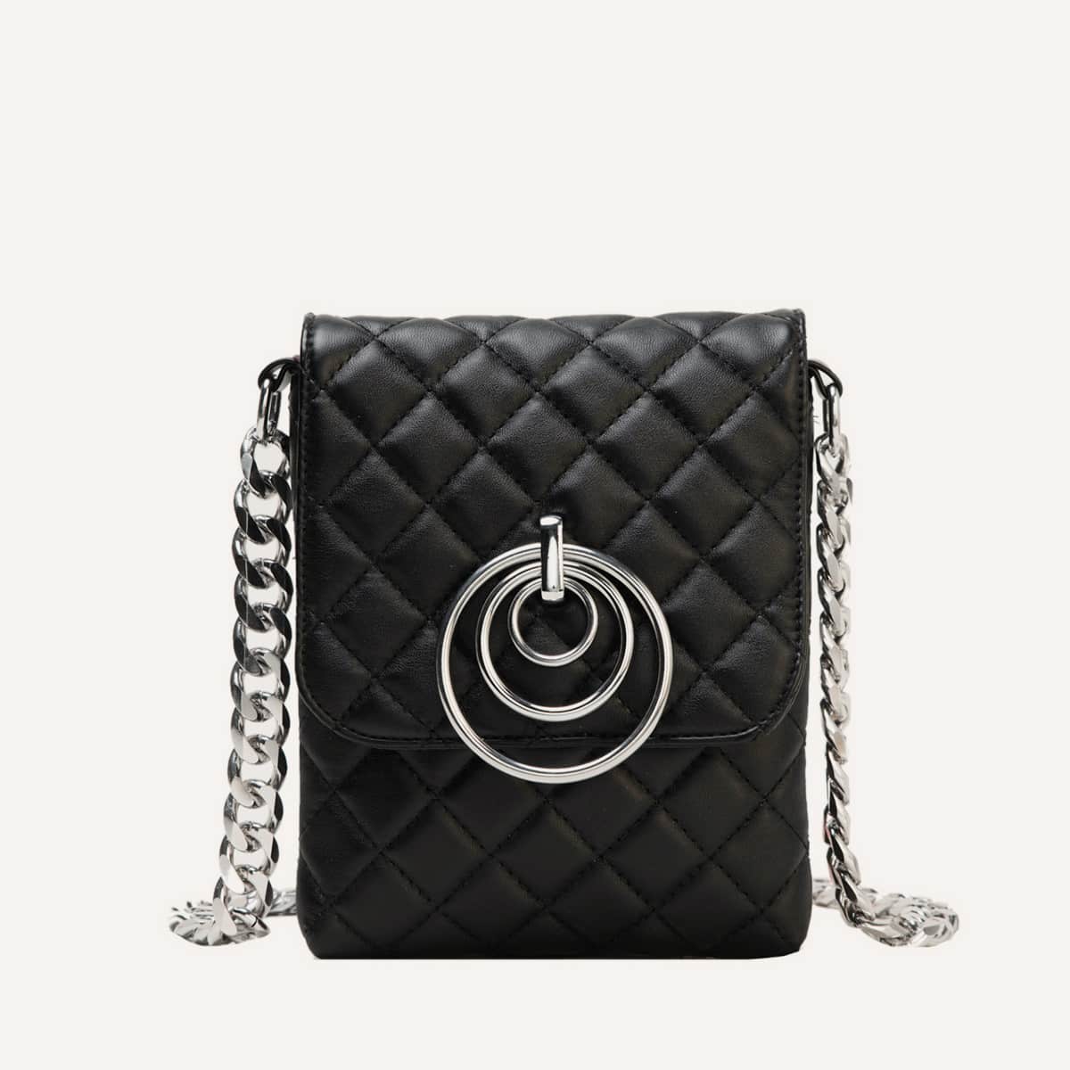 

Metal Ring Decor Quilted Chain Bag, Black