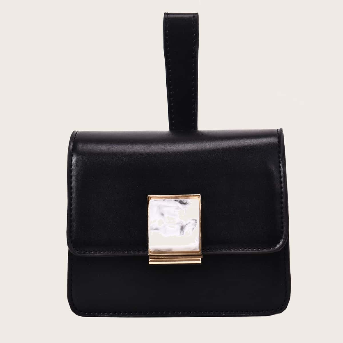 

Marble Print Decor Satchel Bag, Black
