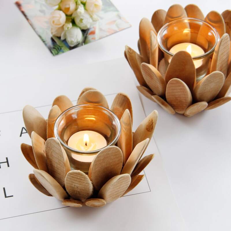

1pc Lotus Shaped Wooden Candle Holder, Yellow