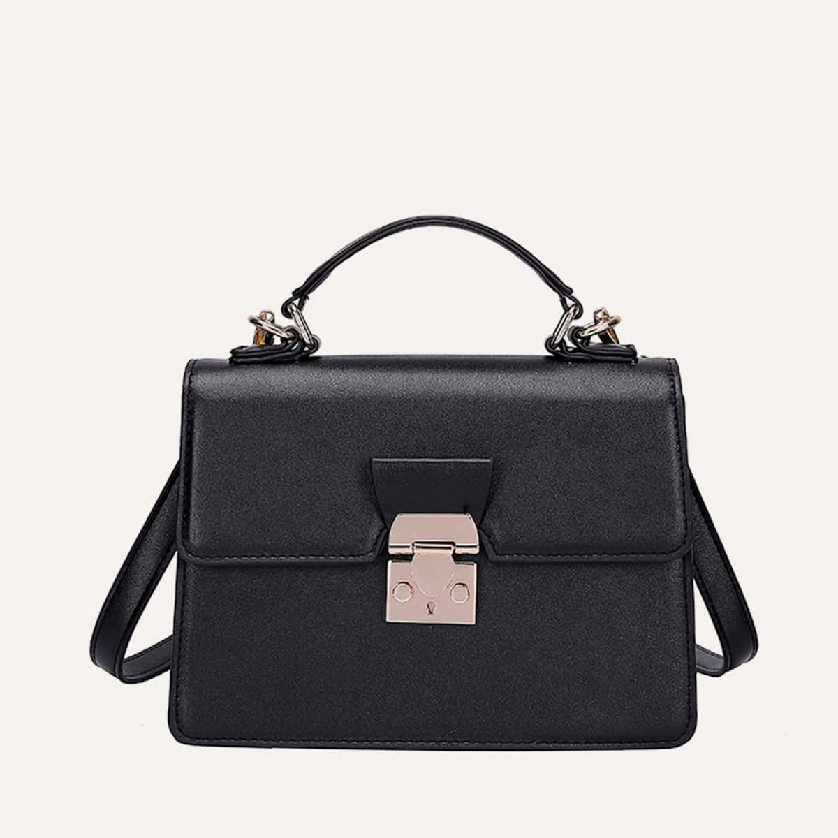

Push Lock Flap Satchel Bag, Black
