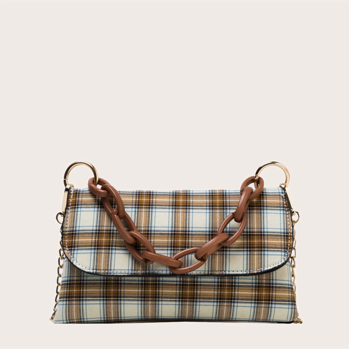 

Chain Handle Plaid Satchel Bag, Multicolor