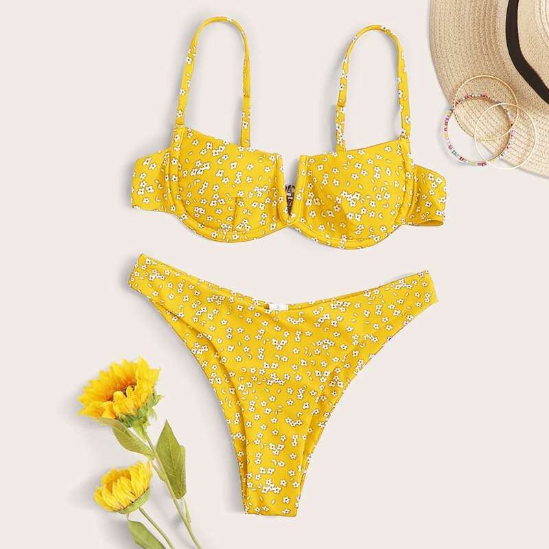 

Ditsy Floral V-wired High Leg Bikini Swimsuit, Yellow
