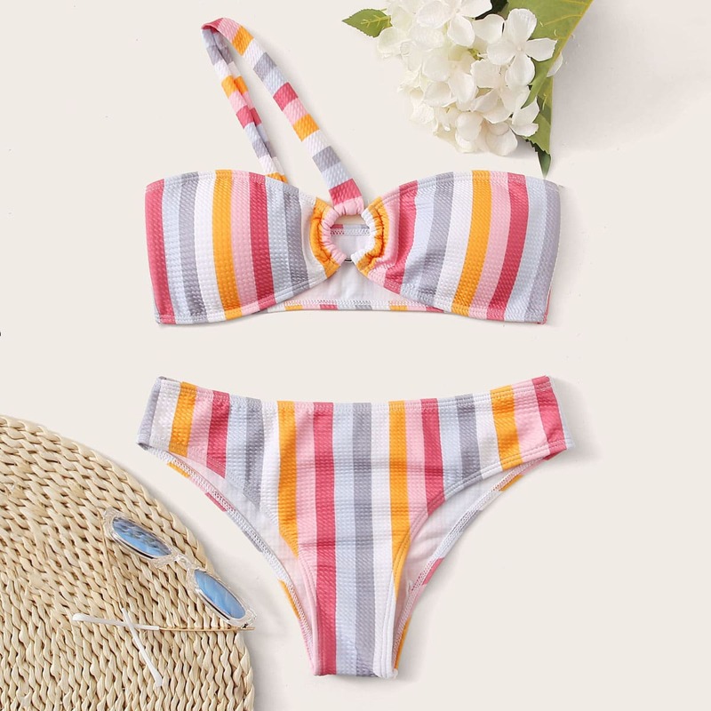 

Striped Ring One Shoulder Bikini Swimsuit, Multicolor