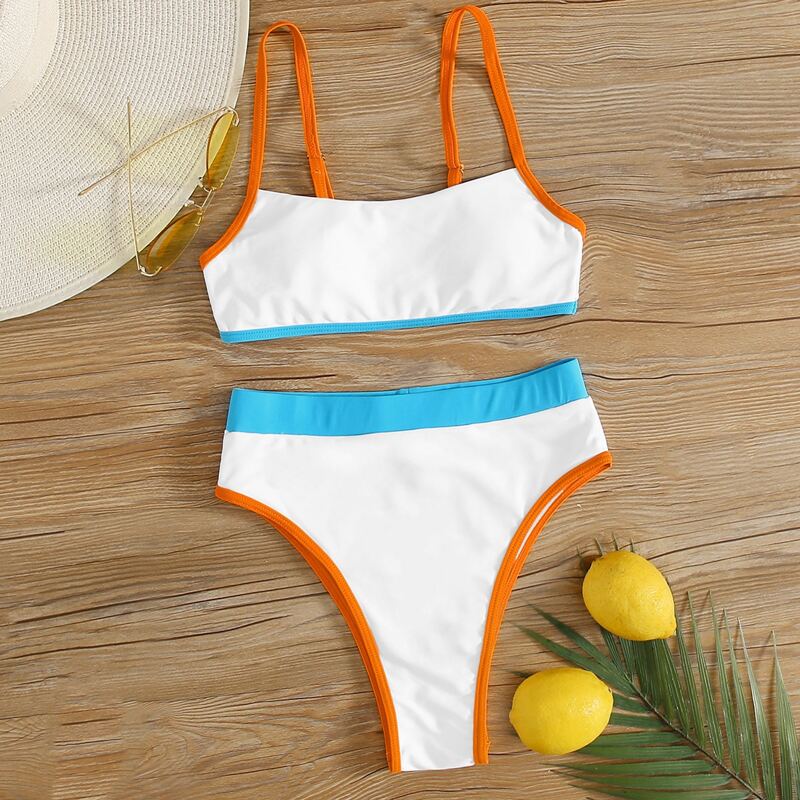 

Contrast Binding High Leg Bikini Swimsuit, White