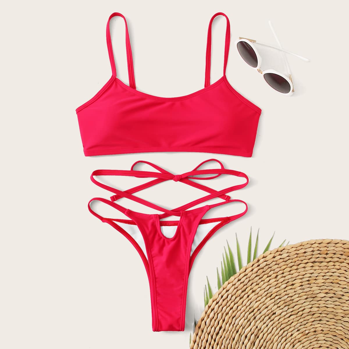 

Tie Waist Tanga Bikini Swimsuit, Red bright