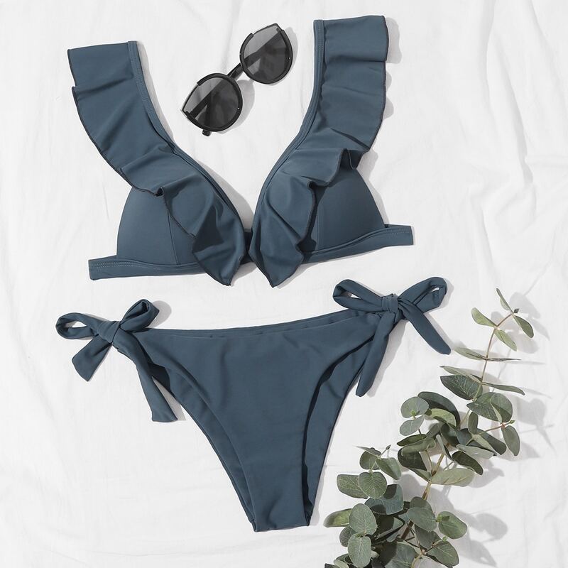 

Ruffle Plunge Tie Side Bikini Swimsuit, Grey