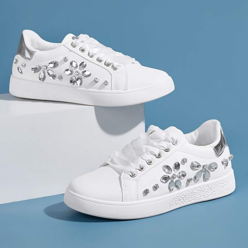 Lace-up Front Gemstone Decor Sneakers, White
