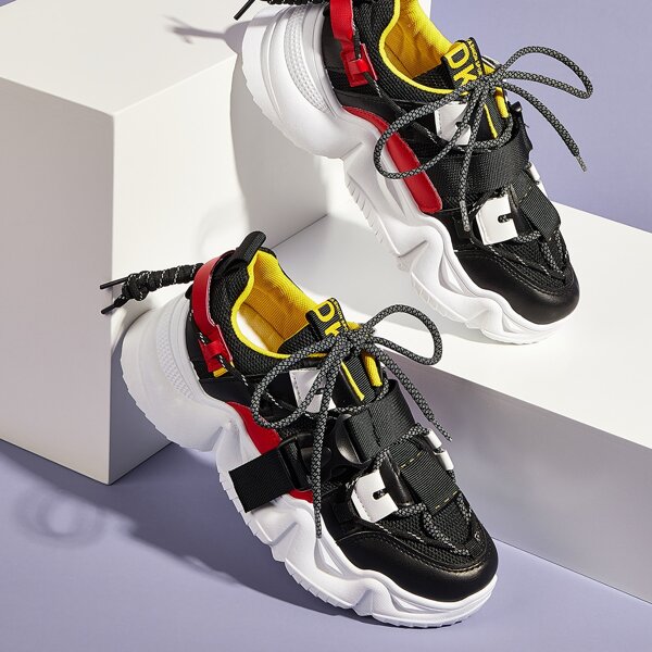 

Lace-up Front Release Buckle Decor Sneakers, Black