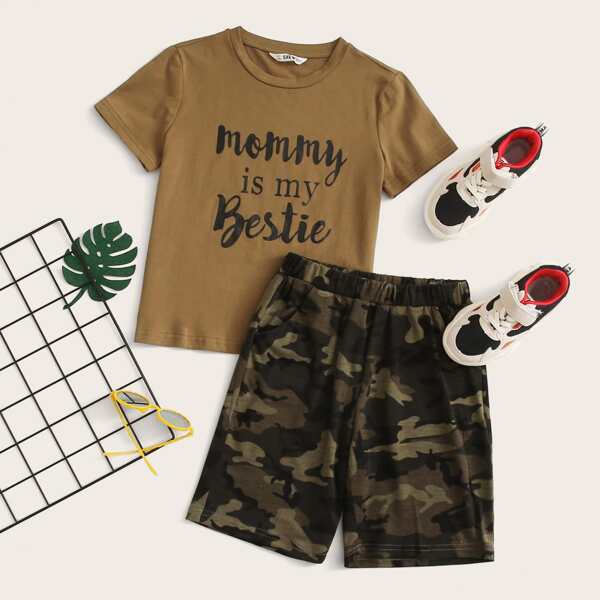 

Boys Slogan Graphic Top & Camo Track Shorts Set, Multicolor