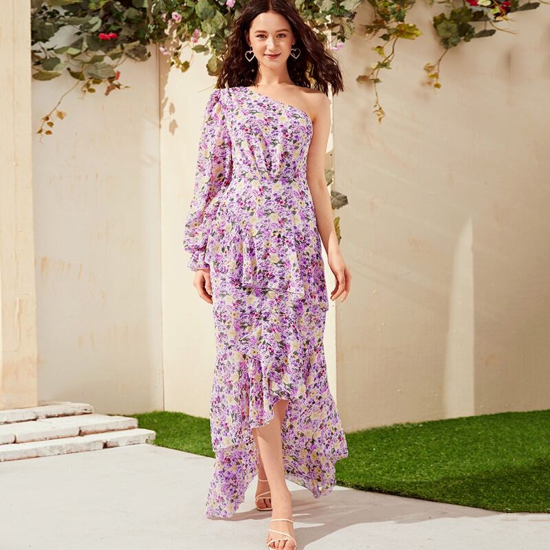 

One Shoulder Floral Print Ruffle Hem Dress, Multicolor