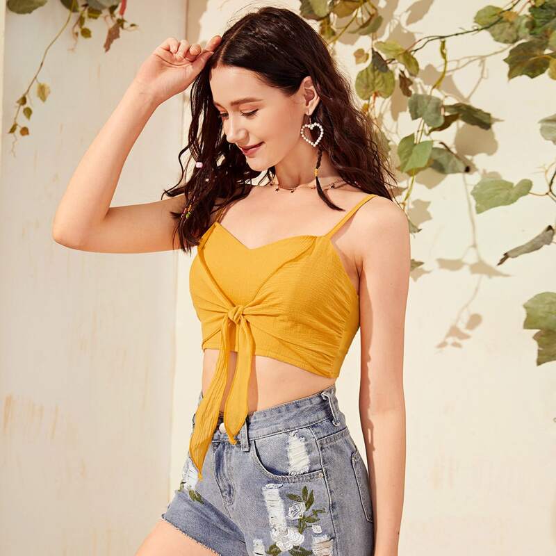 

Tie Front Crop Cami Top, Yellow bright