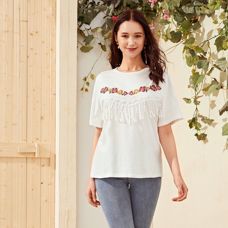 

Floral Embroidery Guipure Lace Fringe Trim Top, White