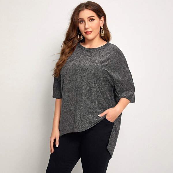 

Plus Drop Shoulder Dip Hem Glitter Top, Grey