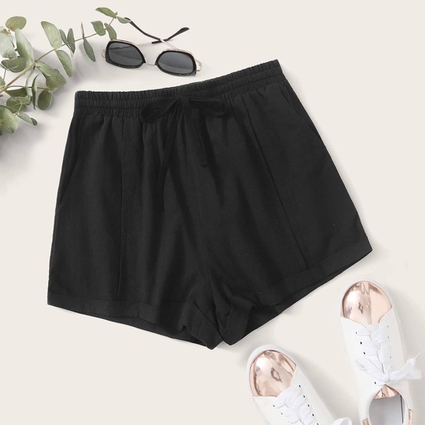 

Tie Waist Seam Front Shorts, Black