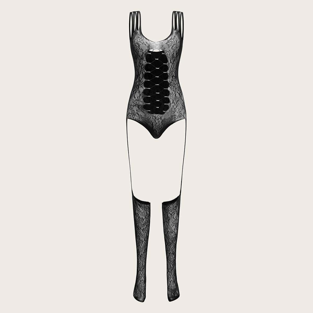 

Contrast Lace Bodystocking, Black