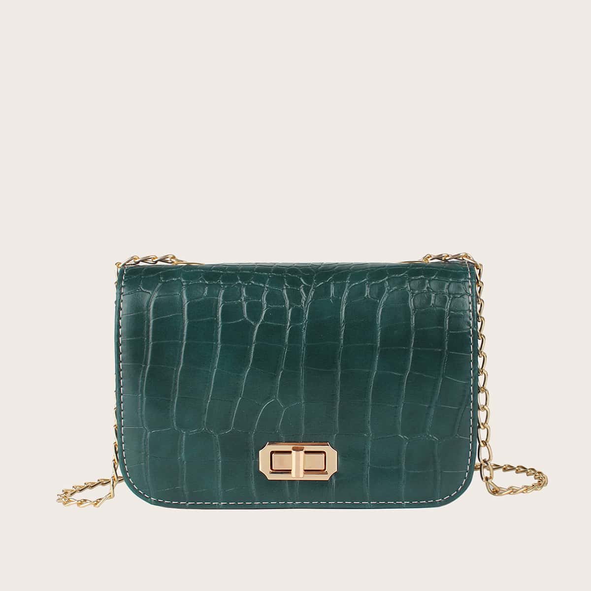 

Twist Lock Croc Embossed Chain Bag, Green