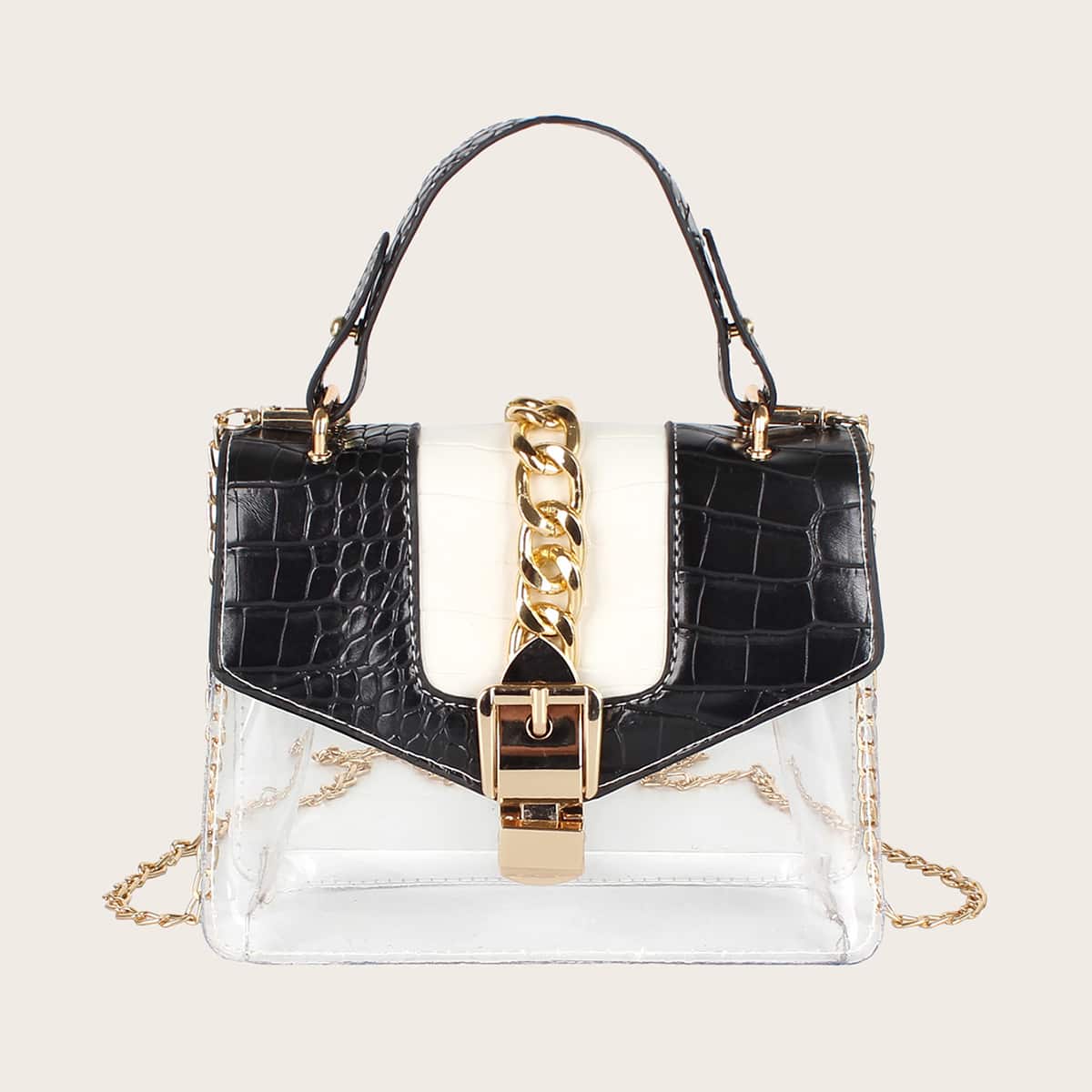 

Buckle Decor Croc Embossed Satchel Bag, Black and white