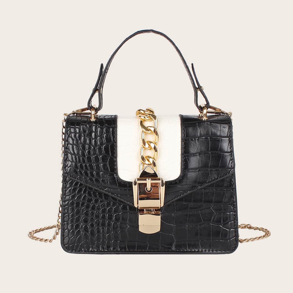 

Buckle Decor Croc Embossed Satchel Bag, Black and white