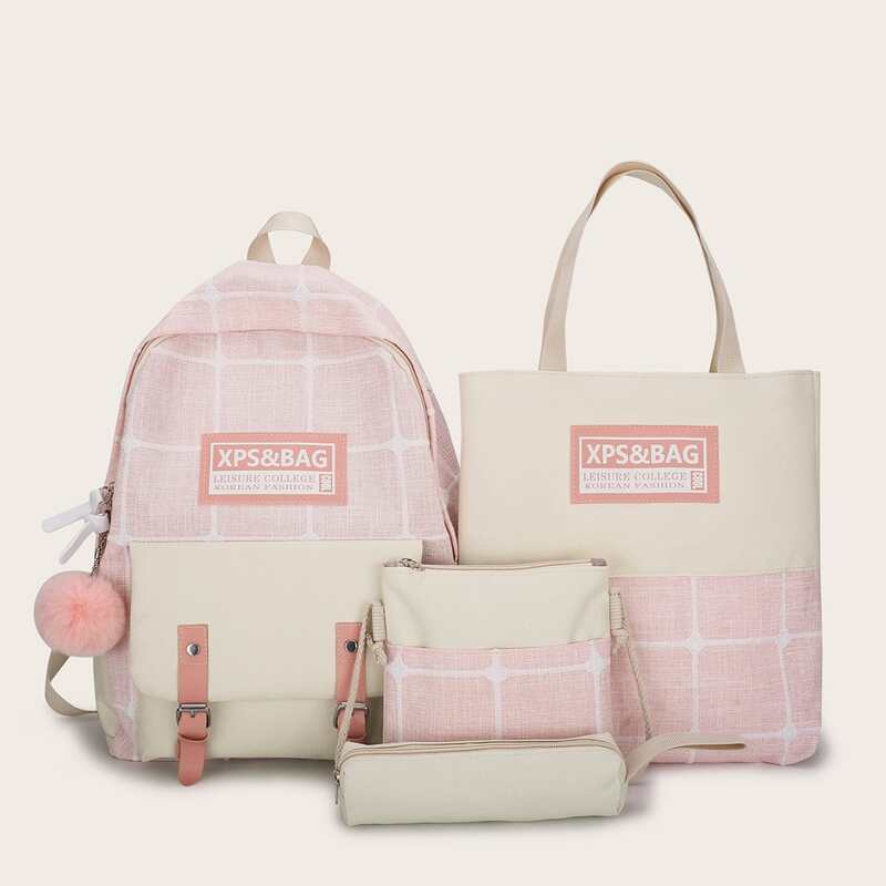 

4pcs Plaid Backpack With Pencil Case, Multicolor
