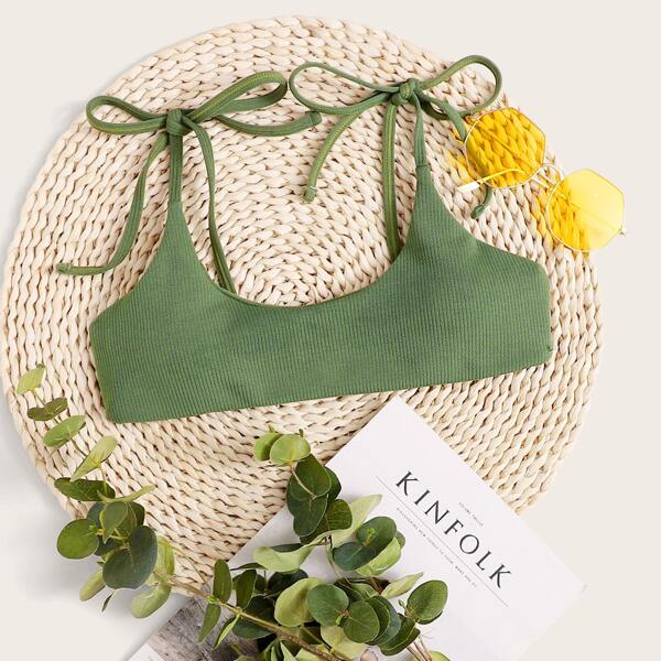 

Rib Tie Shoulder Bikini Top, Green