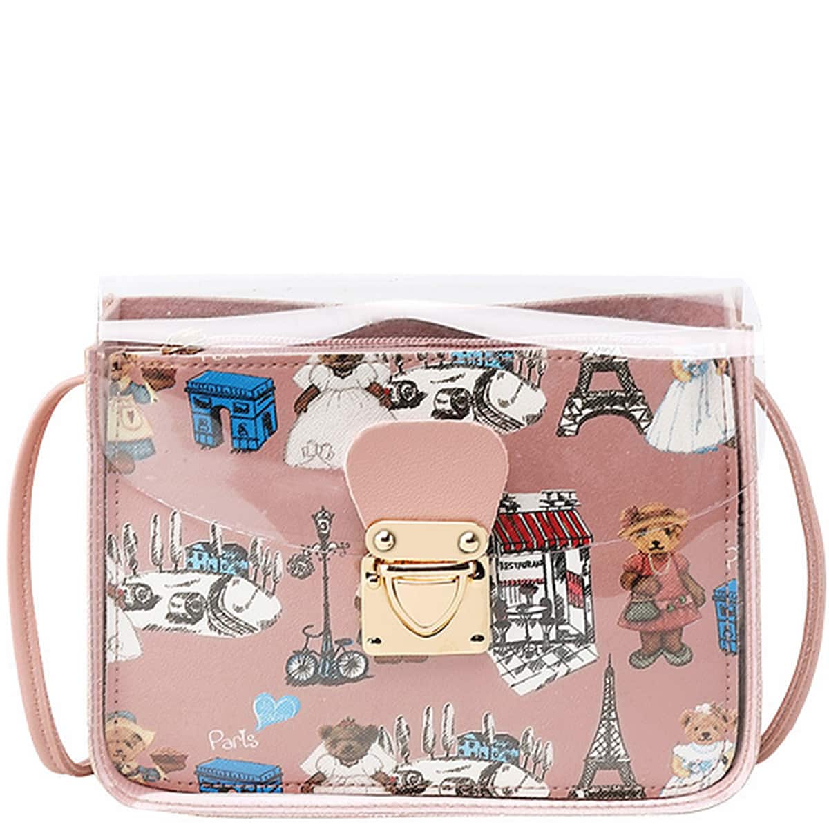 

Push Lock Cartoon Graphic Crossbody Bag, Pink