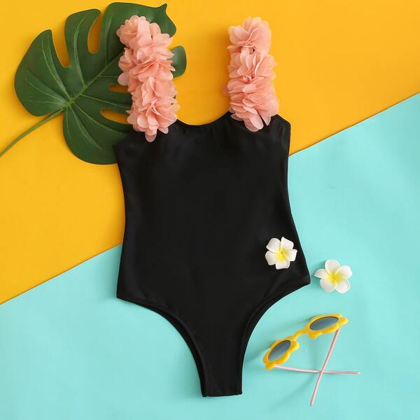 

Girls Appliques One Piece Swimsuit, Black