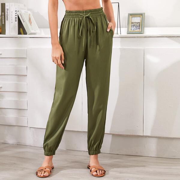 

Drawstring Waist Solid Carrot Pants, Army green