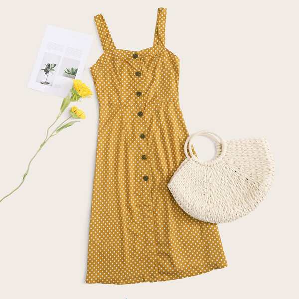 

Polka Dot Button Front Cami Dress, Yellow