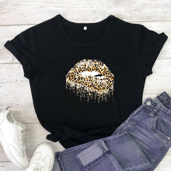 

Cheetah Lips Print Round Neck Tee, Black