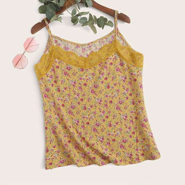 

Plus Lace Panel Ditsy Floral Cami Top, Yellow