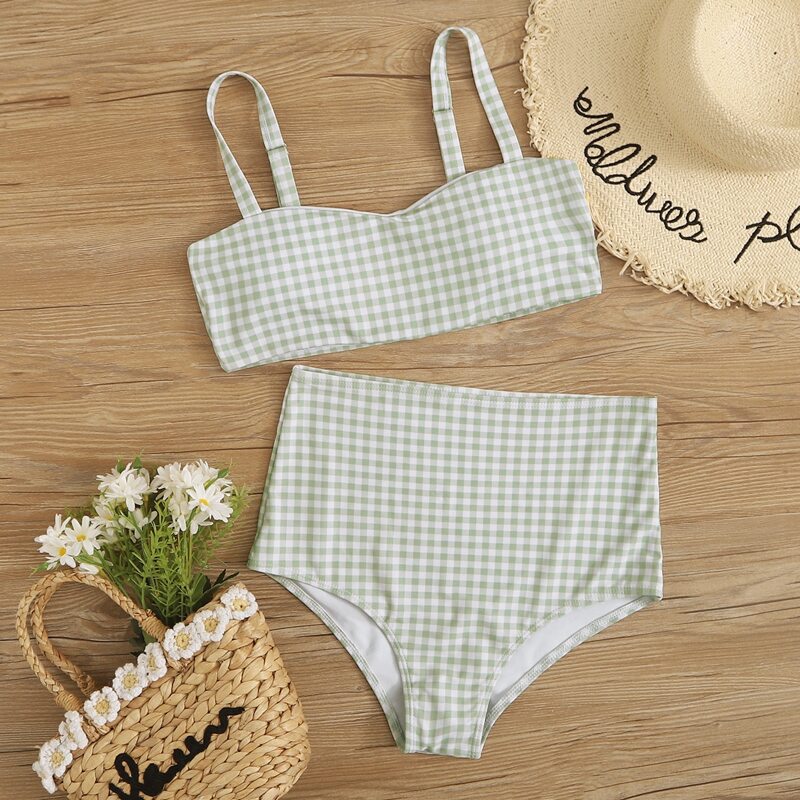 

Gingham High Waisted Bikini Swimsuit, Pastel mint green