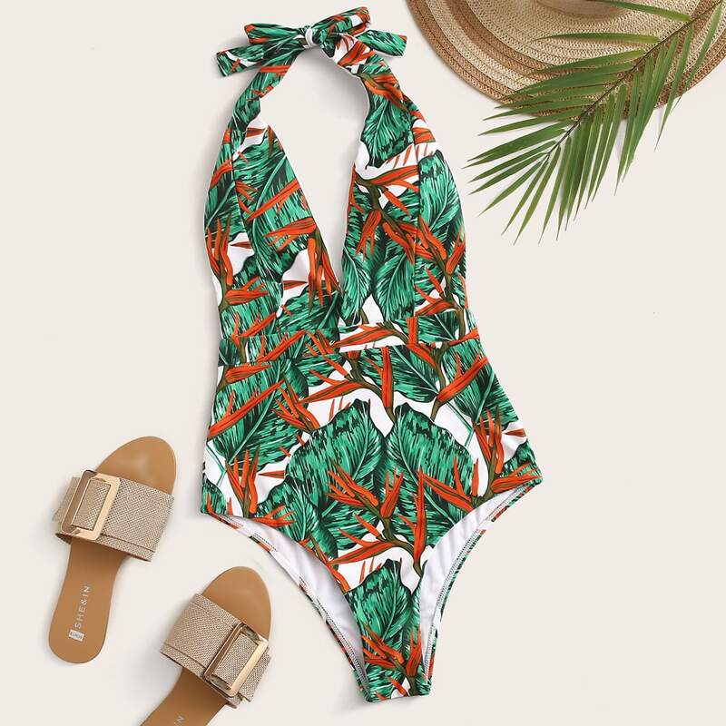 

Tropical Halter One Piece Swimsuit, Multicolor