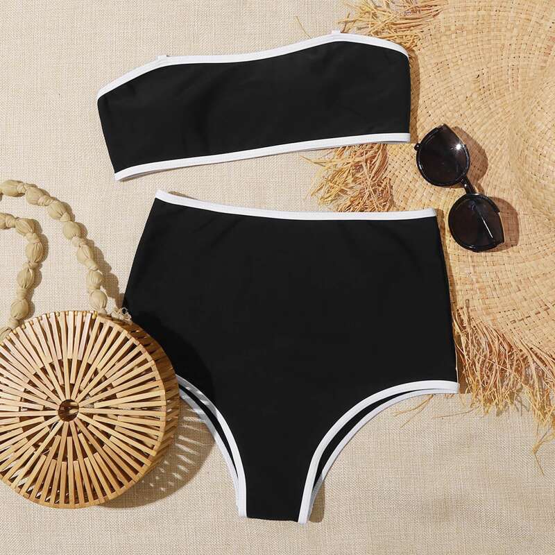 

Contrast Binding High Waisted Bikini Swimsuit, Black