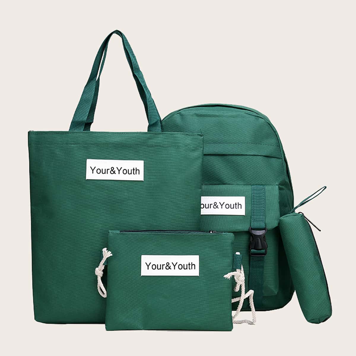 

4pcs Letter Graphic Backpack With Pencil Case, Green