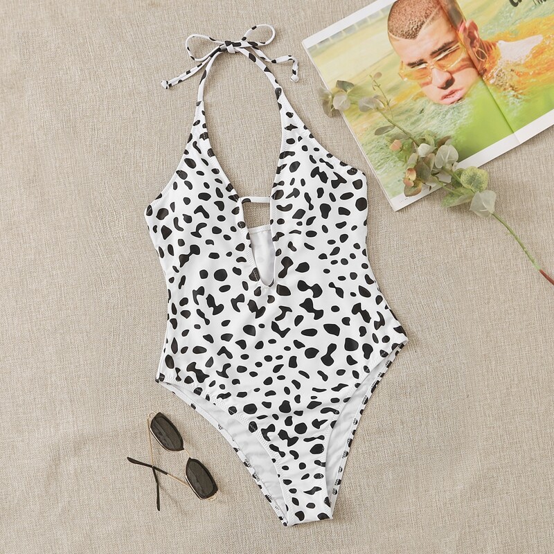 

Dalmatian Halter One Piece Swimsuit, Black and white