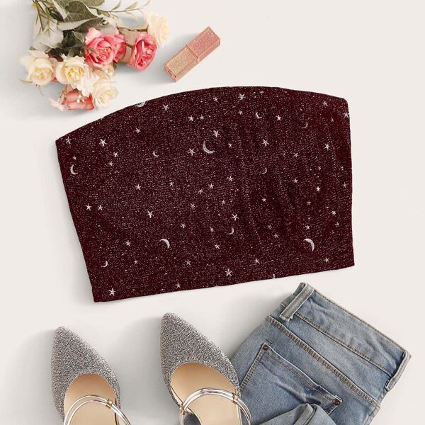 

Plus Glitter Galaxy Print Crop Tube Top, Burgundy