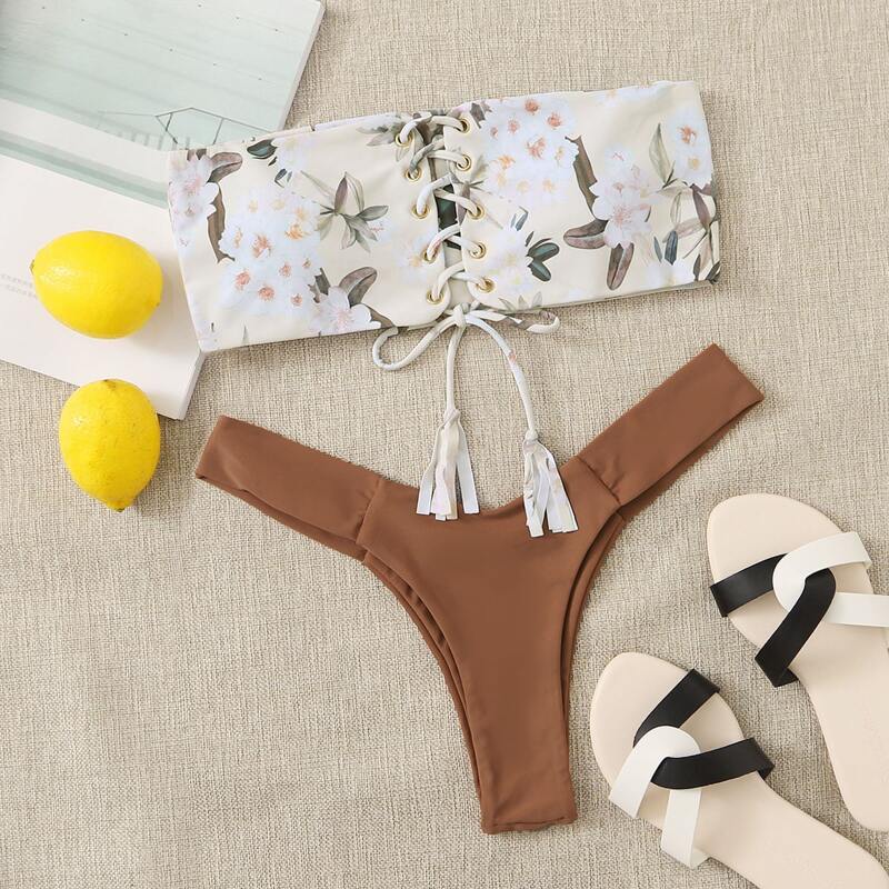 

Floral Lace-up Bandeau High Cut Bikini Swimsuit, Multicolor