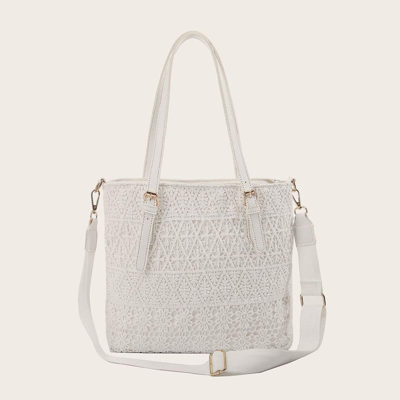 

Contrast Lace Tote Bag, White